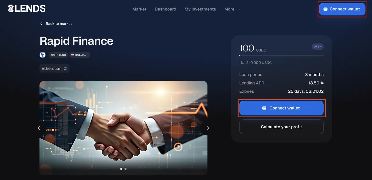 Startseite app.8lends.io — Schaltfläche Connect Wallet oben rechts