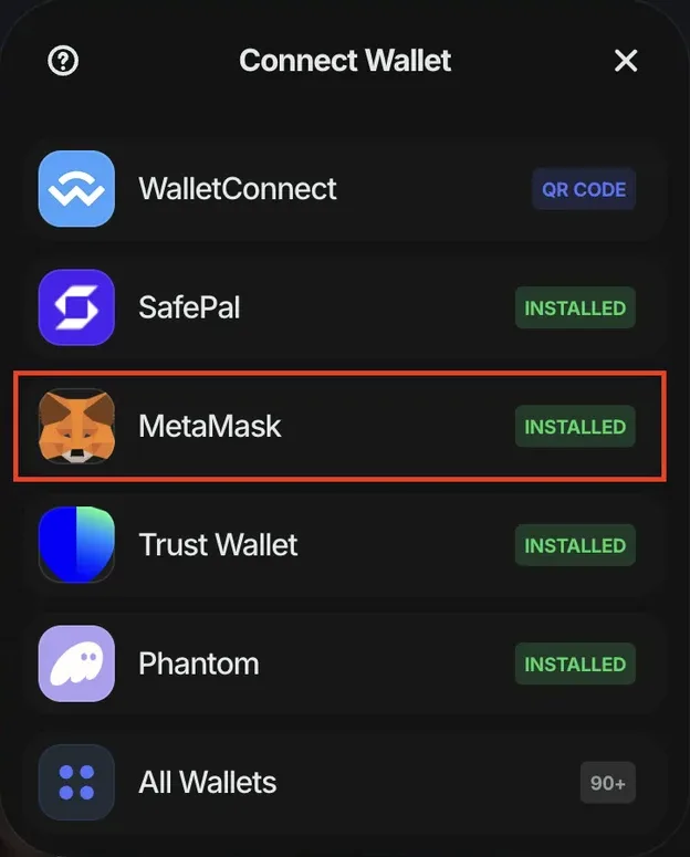 Modal-Fenster zur Wallet-Auswahl — MetaMask / WalletConnect / Coinbase Wallet