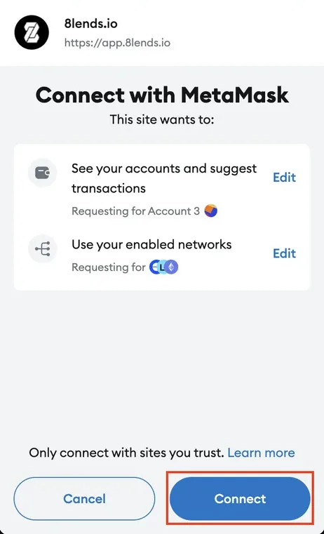 Anfrage zur Bestätigung der Verbindung in MetaMask — Liste der Adressen und Schaltfläche Connect