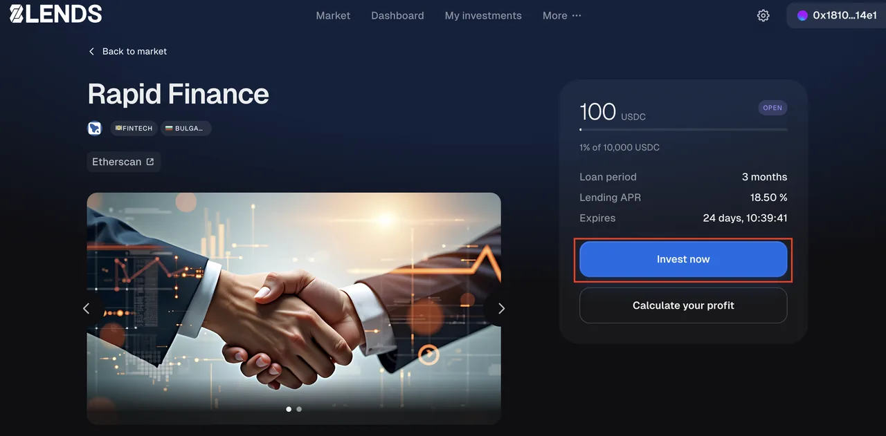 project card with APR, term, rating, LTV, and the Invest now button