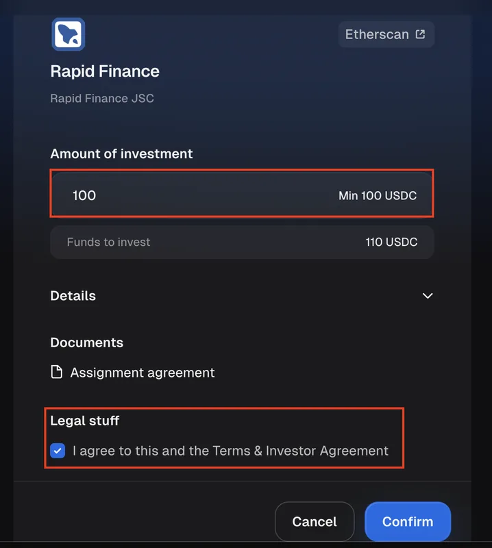amount input window — Amount field, agreement checkbox, Confirm button