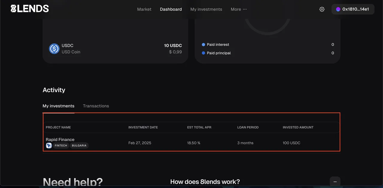 investor dashboard — active investment with Funded status, APR, expected return (2/2)
