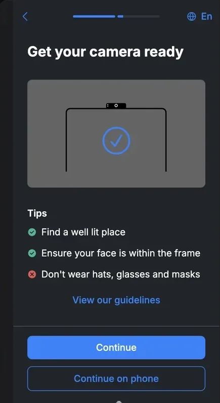 Sumsub-Fenster — Bildschirm für Selfie und liveness check