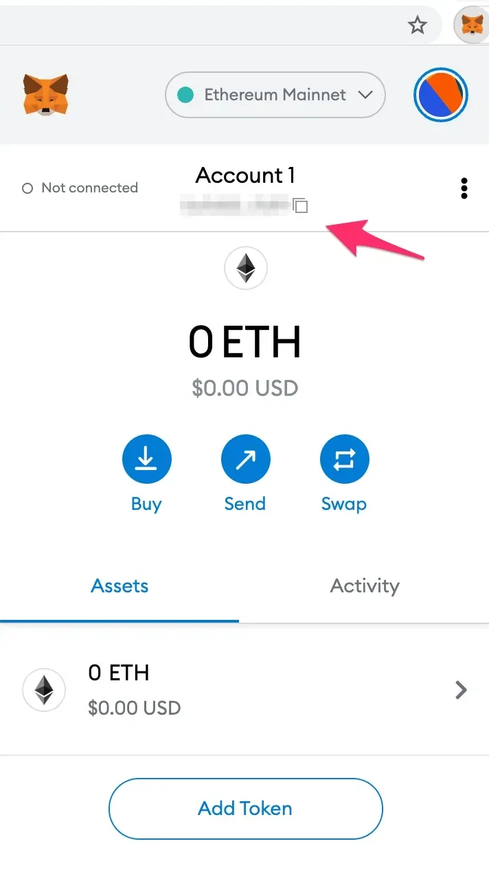 MetaMask — copie de l'adresse du portefeuille en un clic