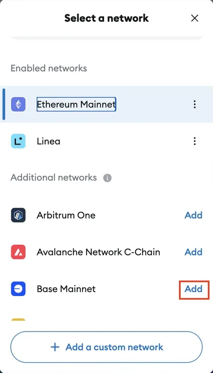 MetaMask — écran d'ajout du réseau Base Mainnet (2/4)