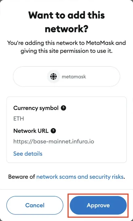 MetaMask — écran d'ajout du réseau Base Mainnet (3/4)