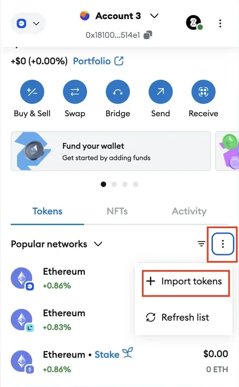 MetaMask — écran d'importation de l'USDC avec l'adresse du contrat (1/4)
