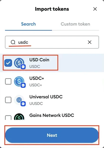 MetaMask — écran d'importation de l'USDC avec l'adresse du contrat (2/4)