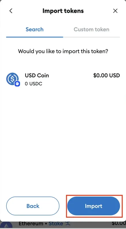MetaMask — écran d'importation de l'USDC avec l'adresse du contrat (3/4)
