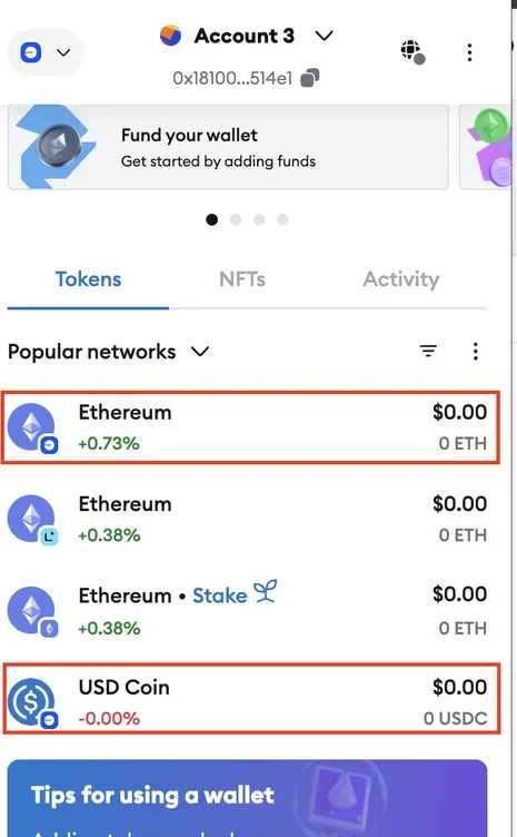 MetaMask — écran d'importation de l'USDC avec l'adresse du contrat (4/4)